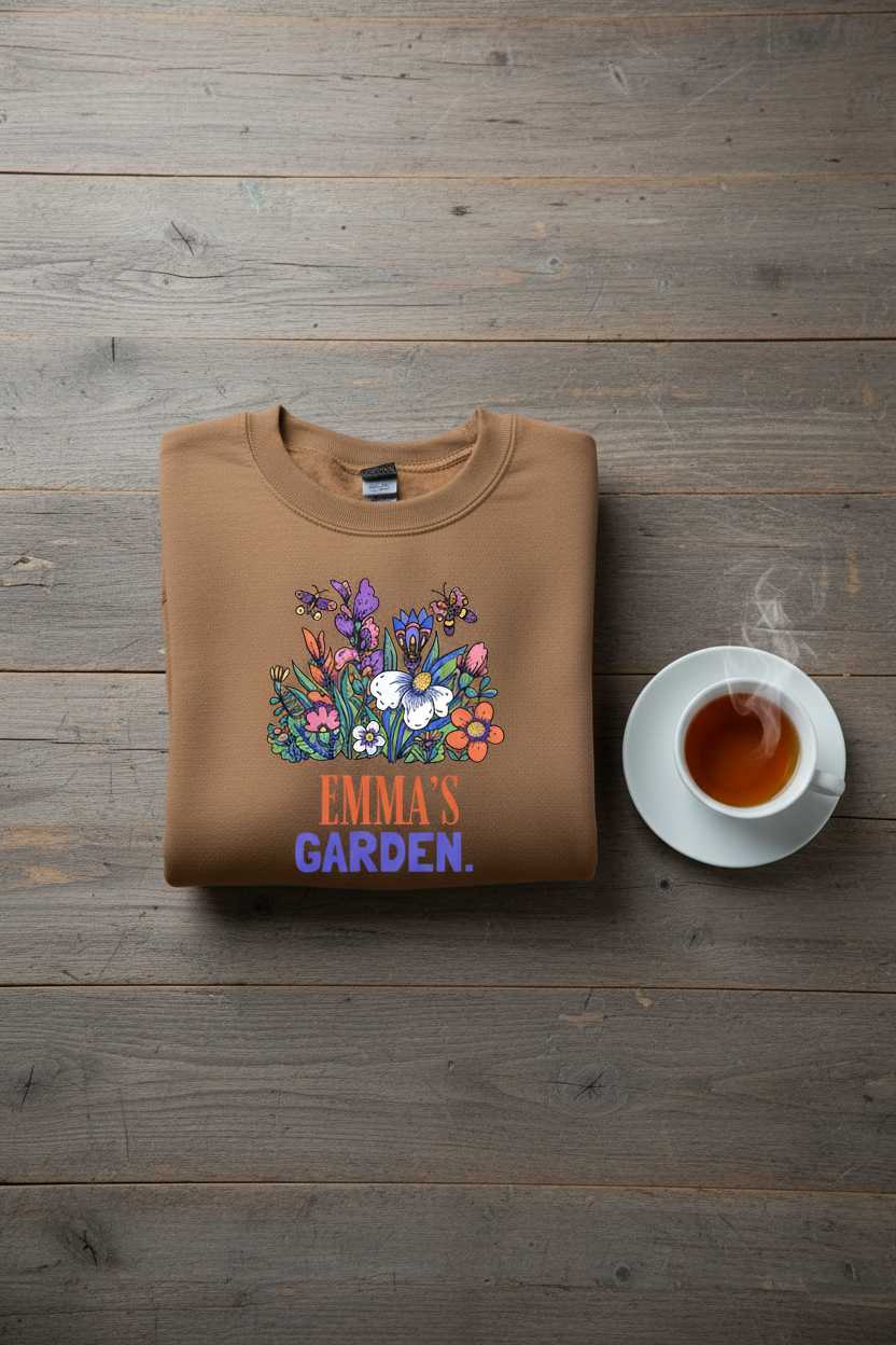 Personalized garden crewneck sweatshirt in tan/brown with floral graphic and “EMMA’S GARDEN” text.