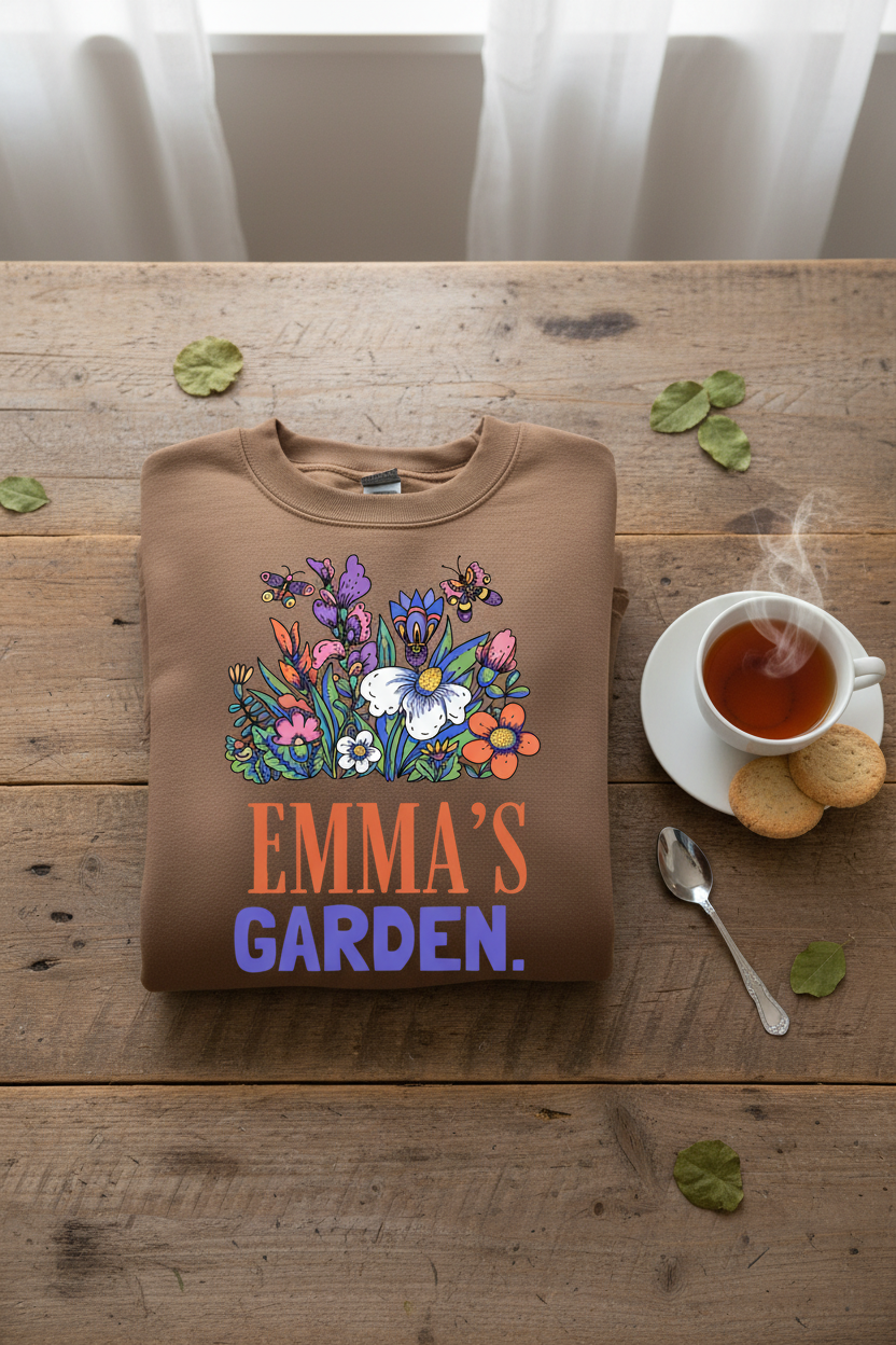 Personalized garden crewneck sweatshirt in tan/brown with floral graphic and “EMMA’S GARDEN”.