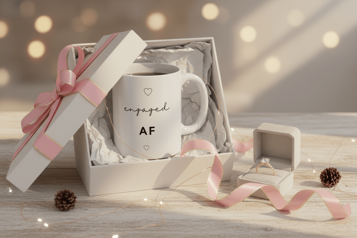 Engaged AF ceramic mug in gift box, white with black text and heart icon