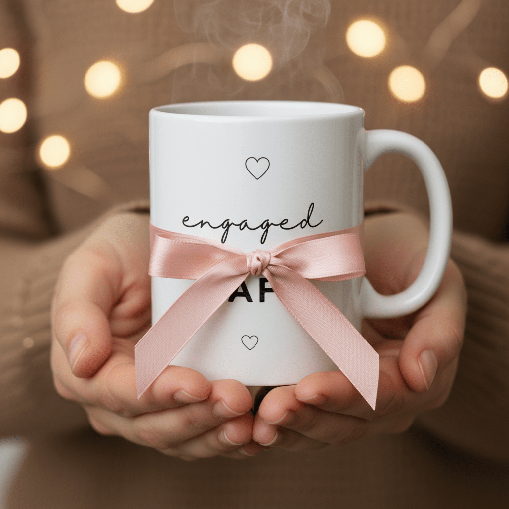 White mug held in hands with pink ribbon bow; "engaged AF" text and small heart icons