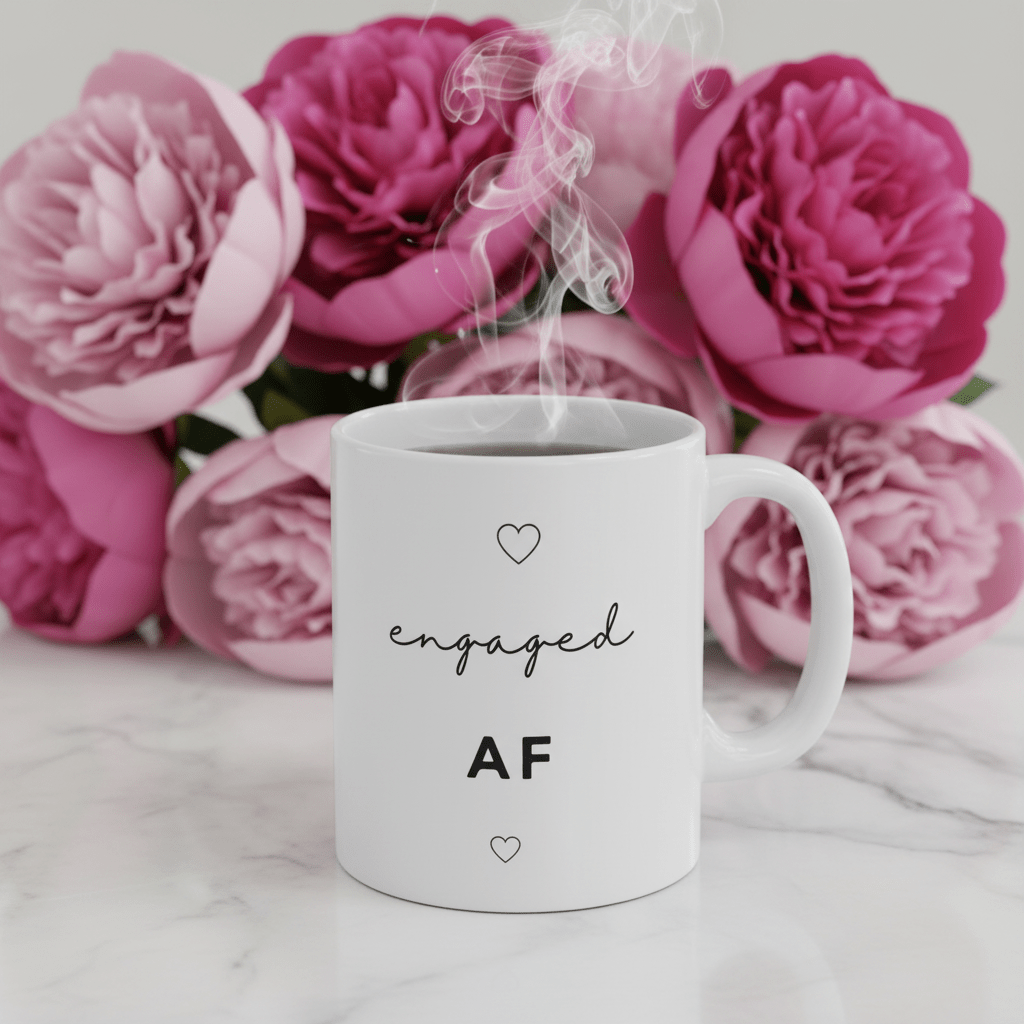 White ceramic engagement mug on marble with pink floral backdrop; "engaged AF" and hearts