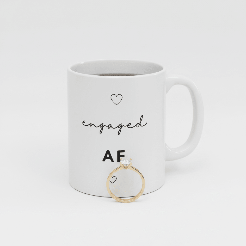 White engagement mug with heart icons and "engaged AF" text; gold ring in front