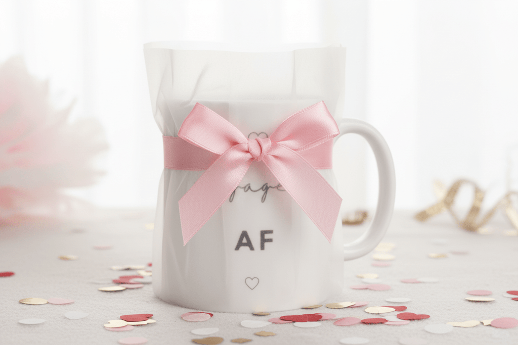 White ceramic engagement mug with pink bow ribbon and "engaged AF" text and hearts
