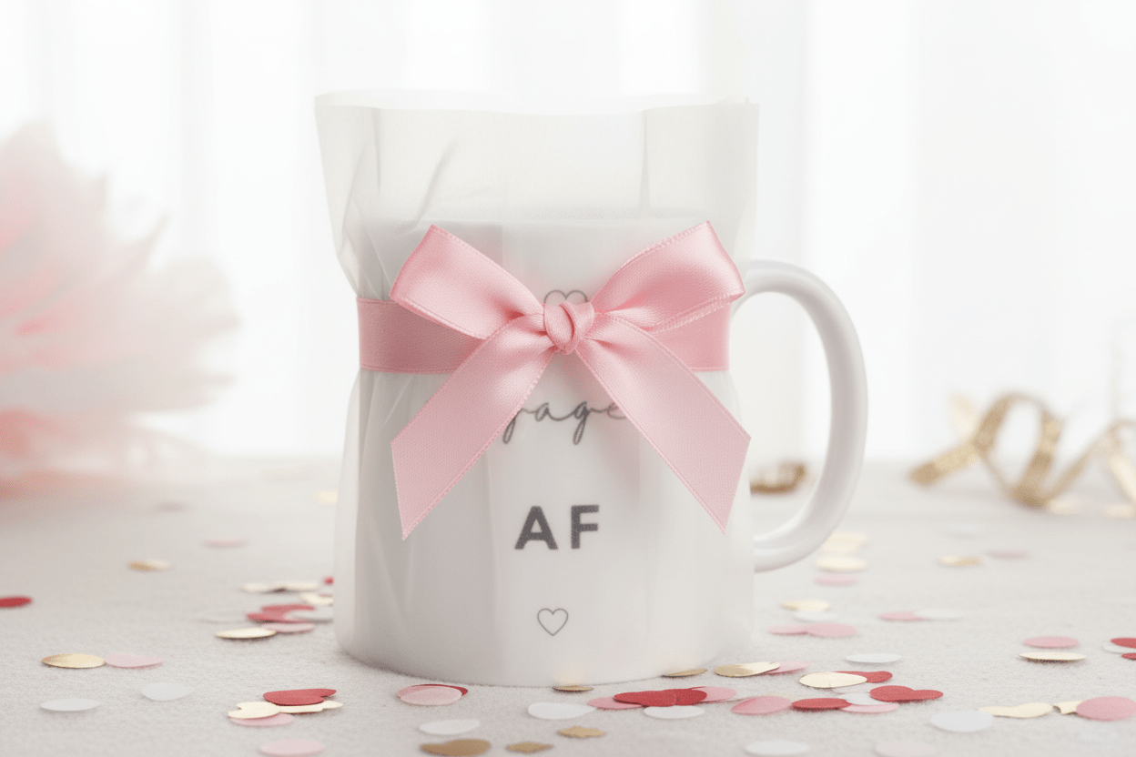 White ceramic engagement mug with pink bow ribbon and "engaged AF" text and hearts