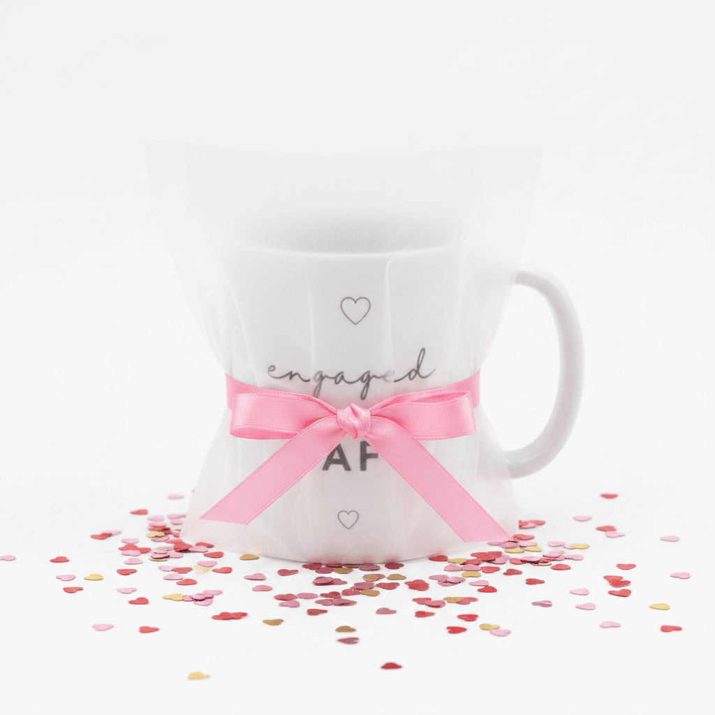 White ceramic engagement mug with pink ribbon bow; "engaged AF" text and heart icons
