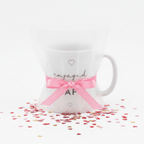 White ceramic engagement mug with pink ribbon bow; "engaged AF" text and heart icons