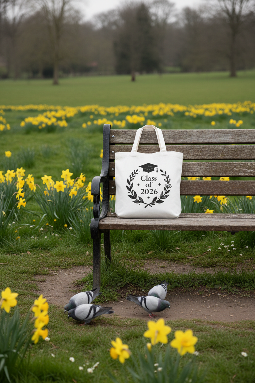 White graduation tote bag with 'Class of 2026' laurel wreath logo