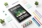 Black A5 notebook with spiral binding, plant pots illustration and name SOPHIE