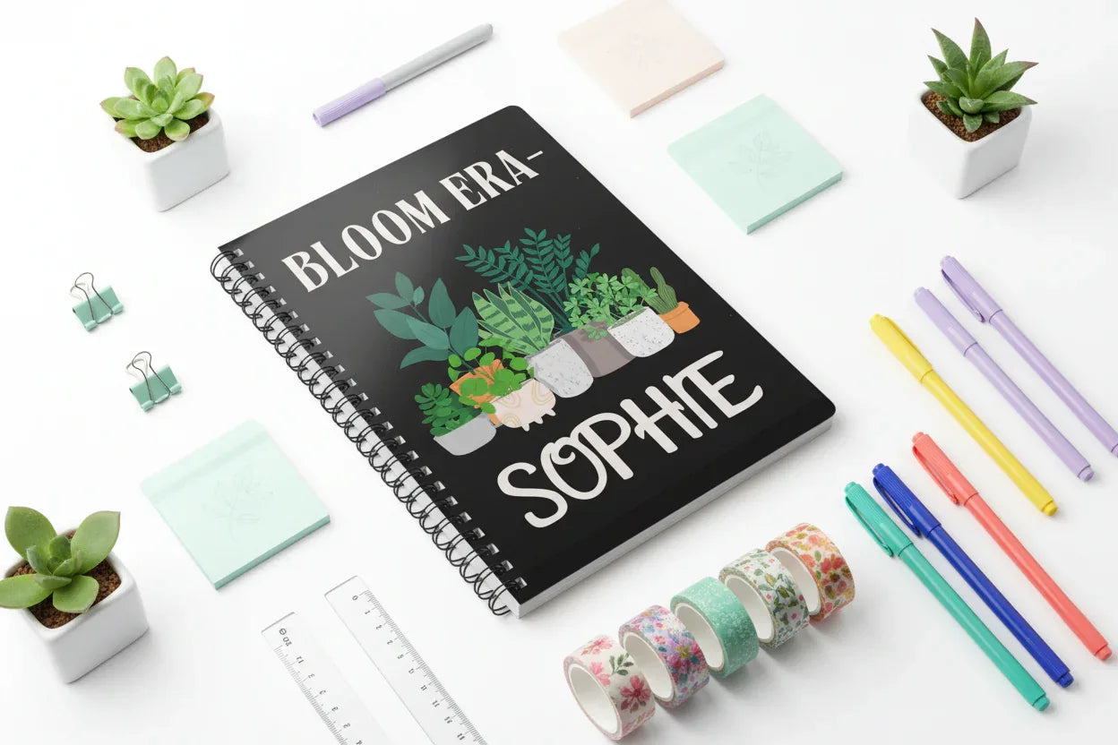 Black A5 notebook with spiral binding, plant pots illustration and name SOPHIE