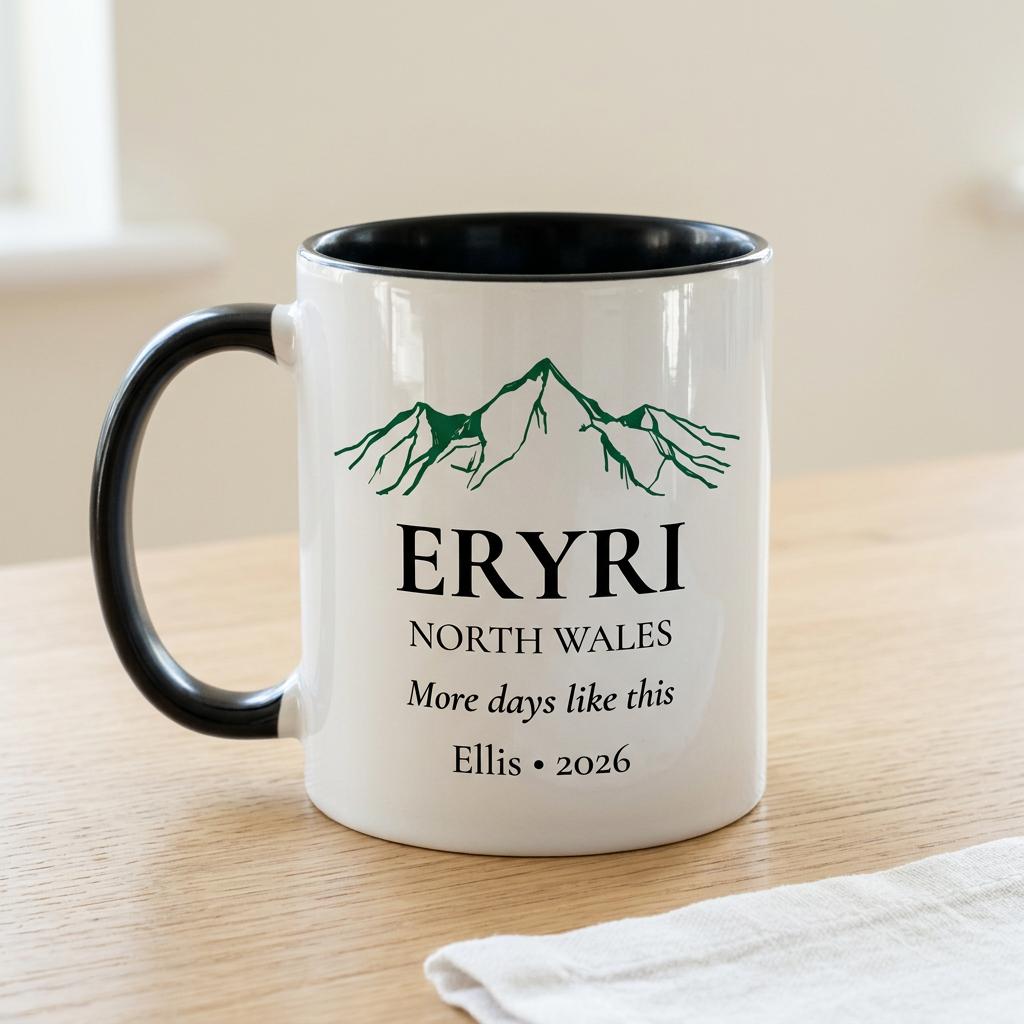 Eryri mug with More days like this and Ellis 2026 on a pale oak table