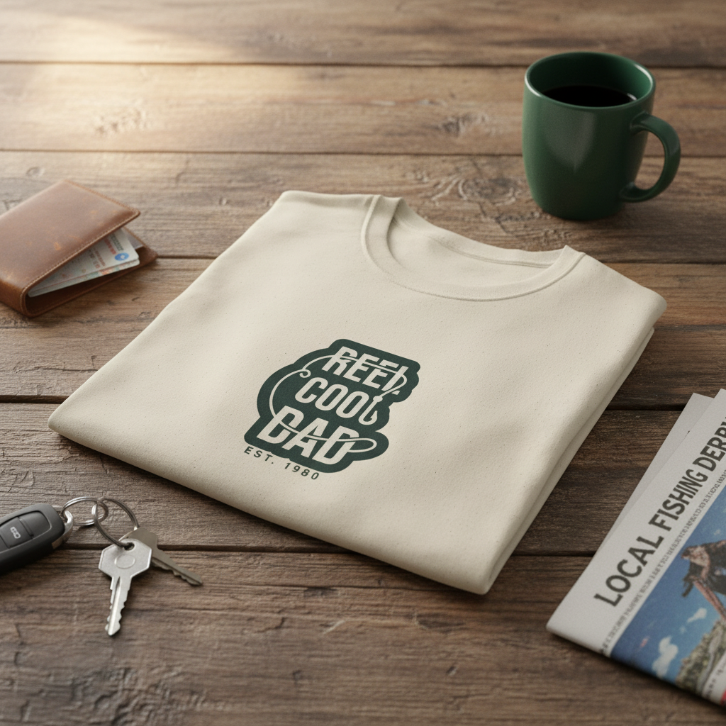 Cream crewneck graphic T-shirt with Reel Cool Dad logo and EST. 1980