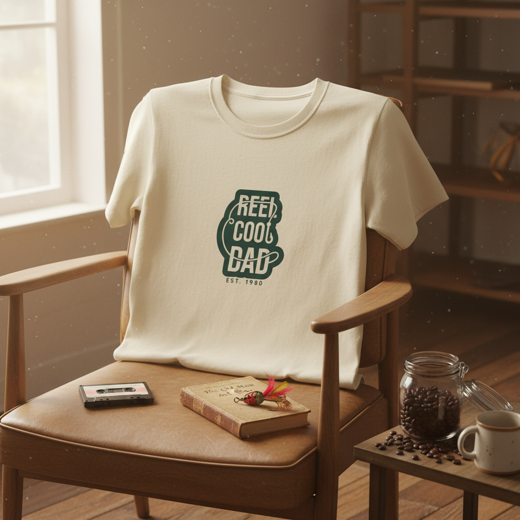 Cream crewneck graphic T-shirt with green Reel Cool Dad logo and EST. 1980