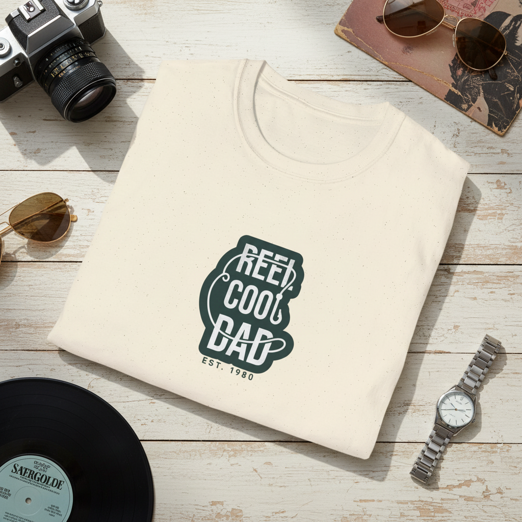 Light cream crewneck graphic T-shirt with green 'REEL COOL DAD' logo, EST 1980