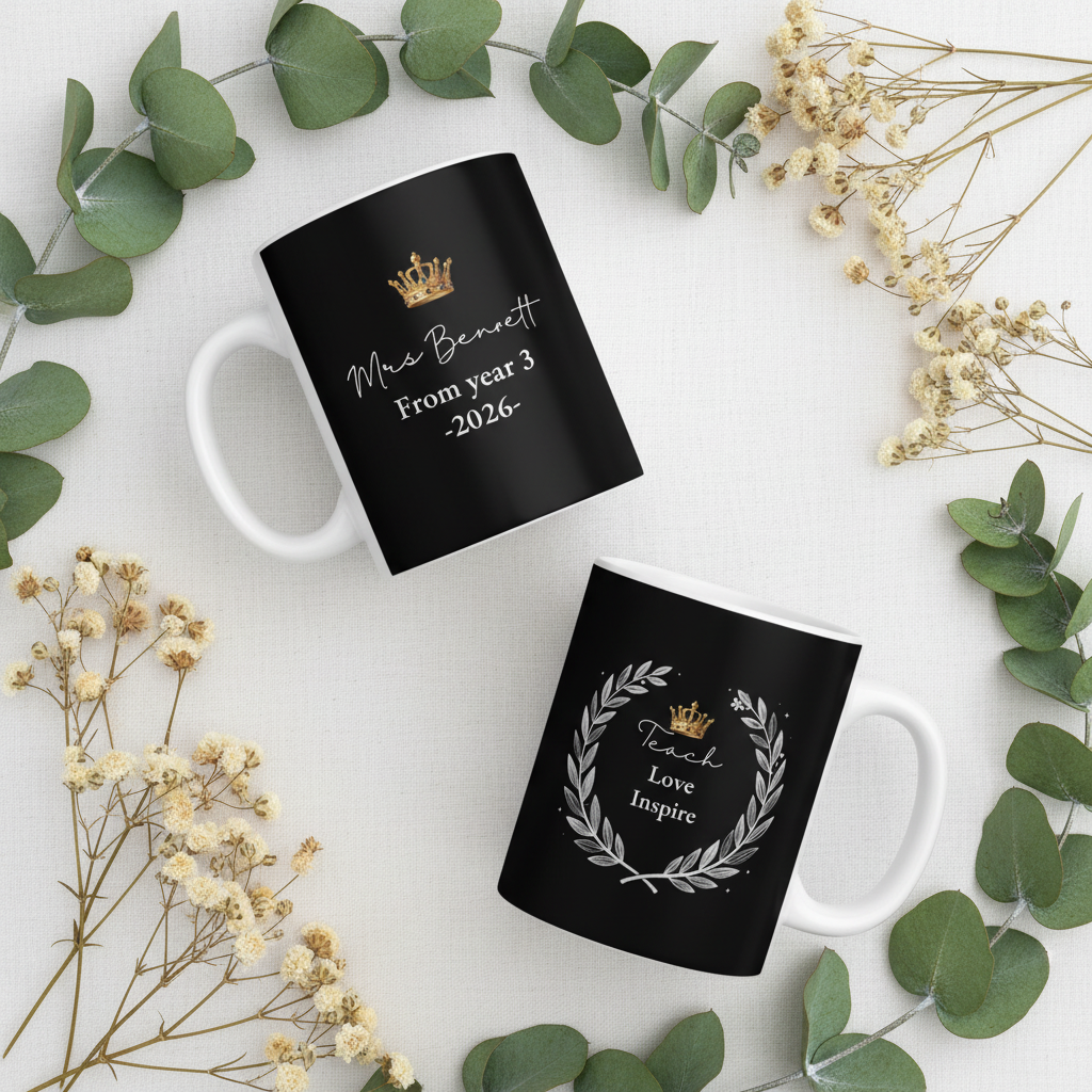Personalized teacher mug set, black with gold crown and laurel, names and year text