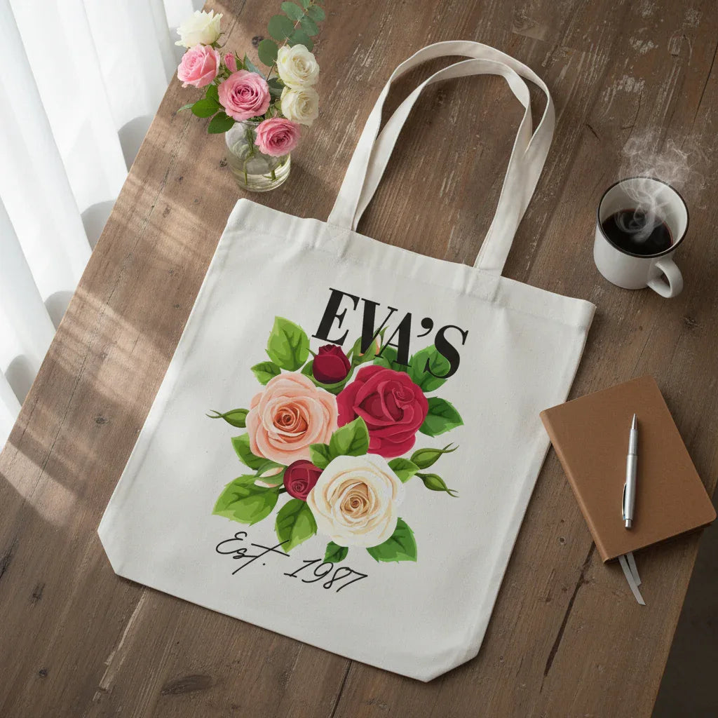 Personalised Floral Tote Bag | Custom Name, Text & Date | Choose Rose Colours | Eco Gift - Alley Crafters