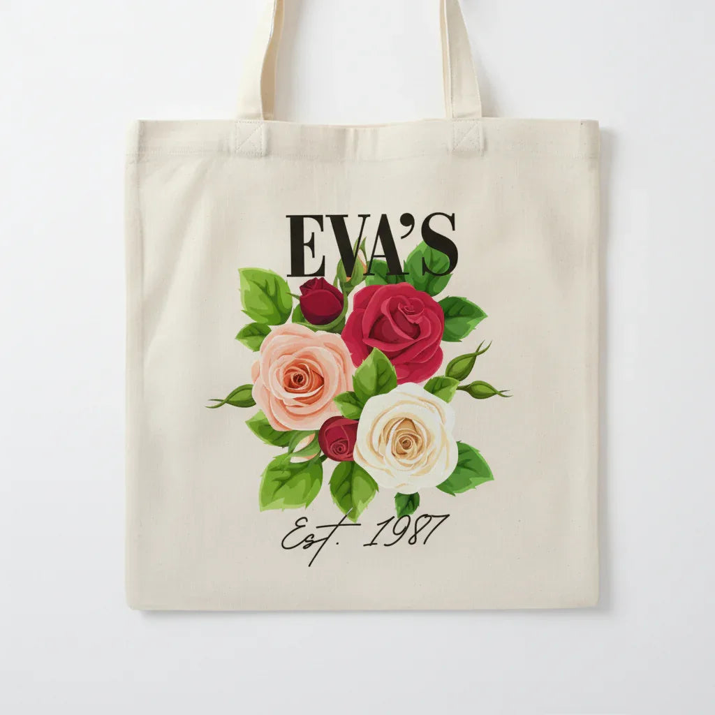 Personalised Floral Tote Bag | Custom Name, Text & Date | Choose Rose Colours | Eco Gift - Alley Crafters