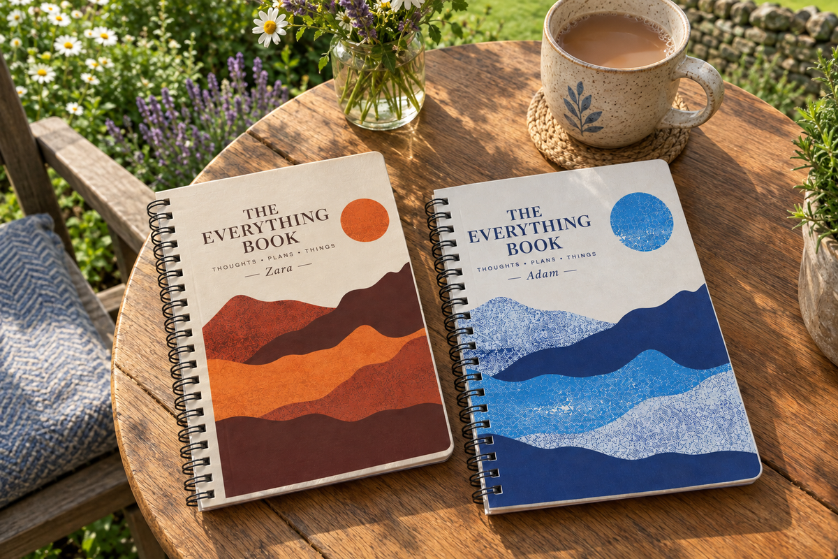 Everything Book - Zara (orange) and Adam (blue), garden