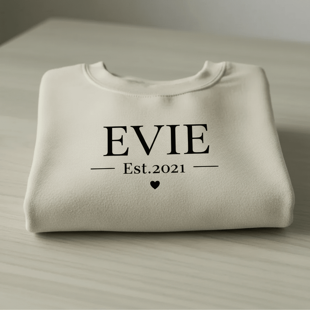 Cream crewneck sweatshirt with EVIE and Est.2021 print