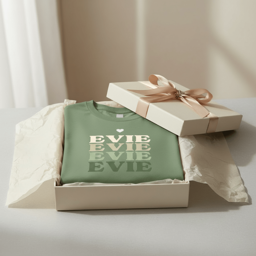 Green name stack T-shirt in box with EVIE text graphic in stacked rows