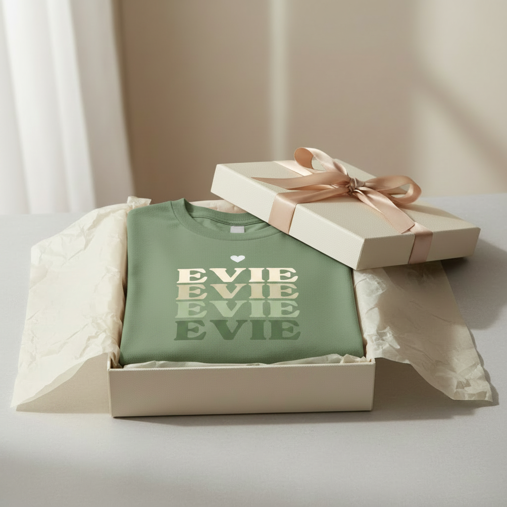 Green name stack T-shirt in box with EVIE text graphic in stacked rows