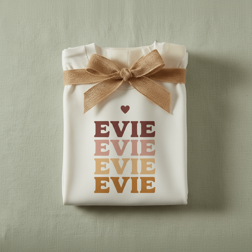 White name stack T-shirt with EVIE text graphic and brown bow at neckline