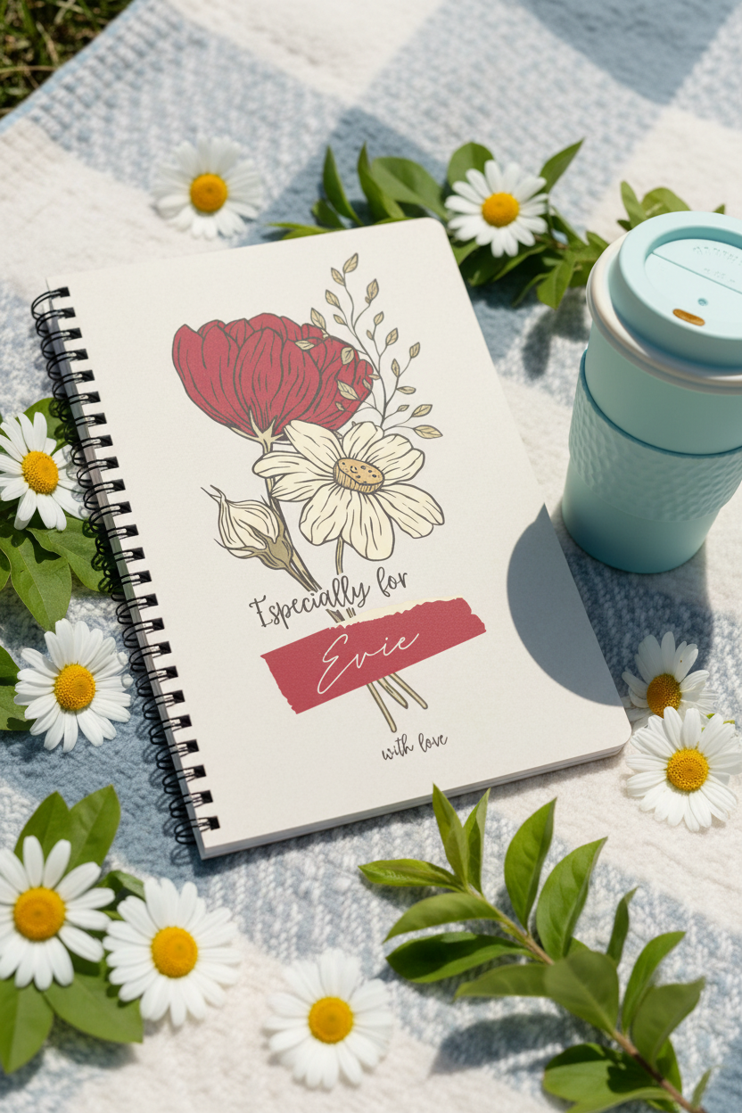 A5 floral journal notebook with beige cover among daisies, black spiral binding