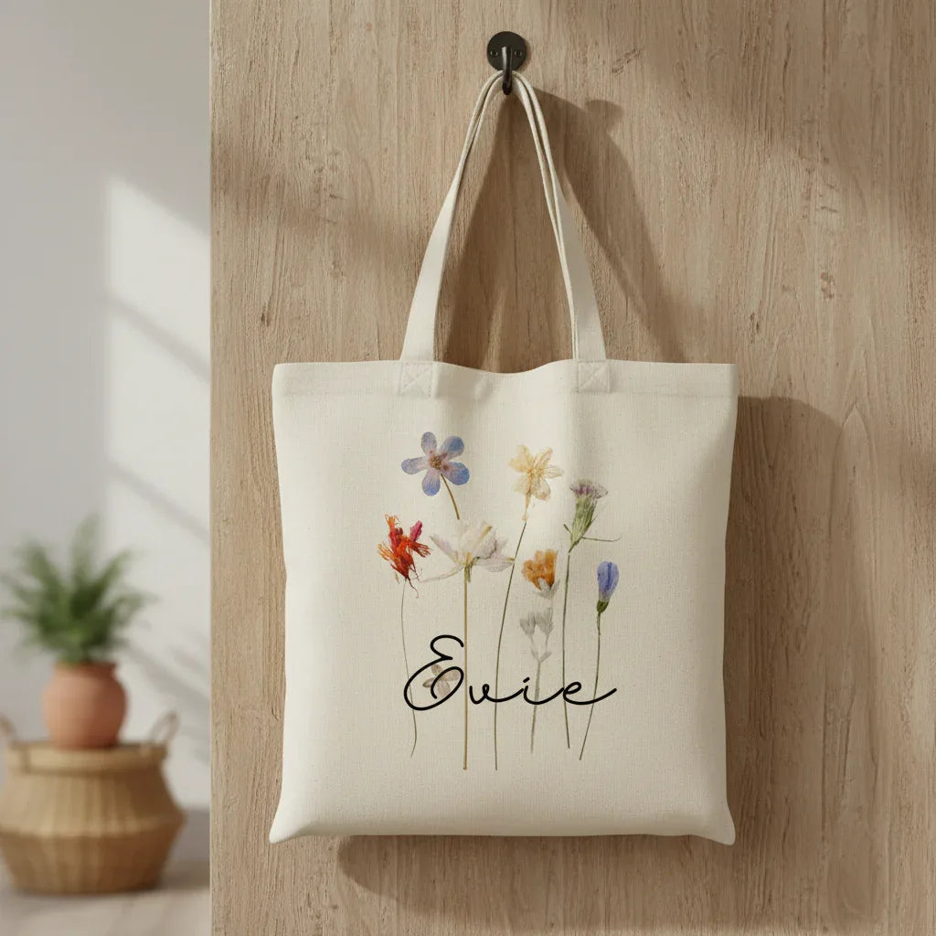 White cotton tote bag with dried wildflower illustration and name "Evie".