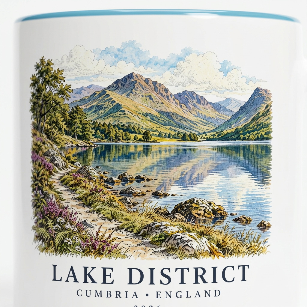 Extreme close-up of the blue mug’s Lake District artwork