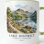 Extreme close-up of the green mug’s Lake District artwork