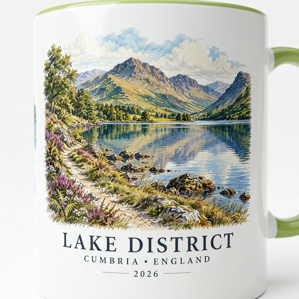 Extreme close-up of the green mug’s Lake District artwork