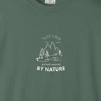 Forest green graphic T-shirt with mountain and trees line art and “BY NATURE” text