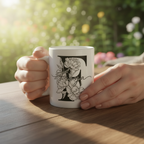 White personalized name mug held in hands with black floral design and “Freya”