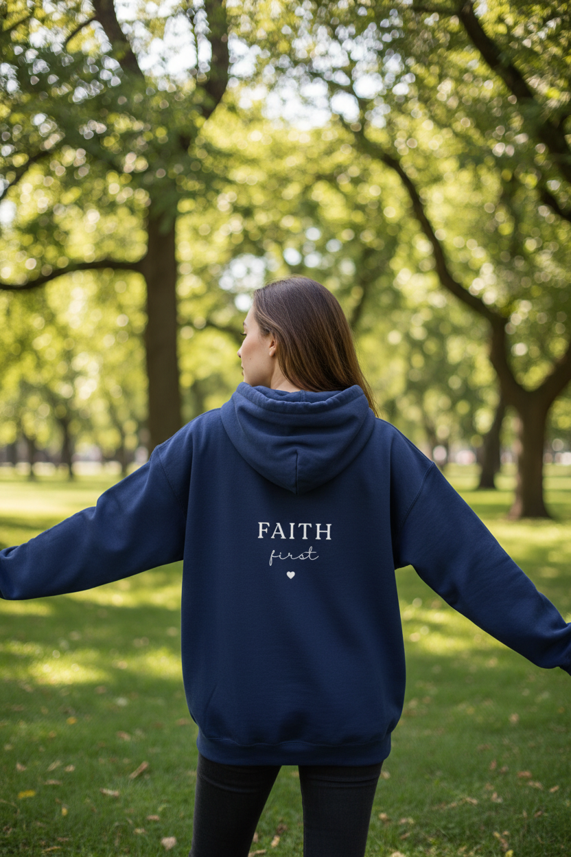 Navy unisex hoodie sweatshirt with back 'FAITH first' graphic