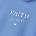 Light blue hoodie front design with large 'FAITH' text and small heart