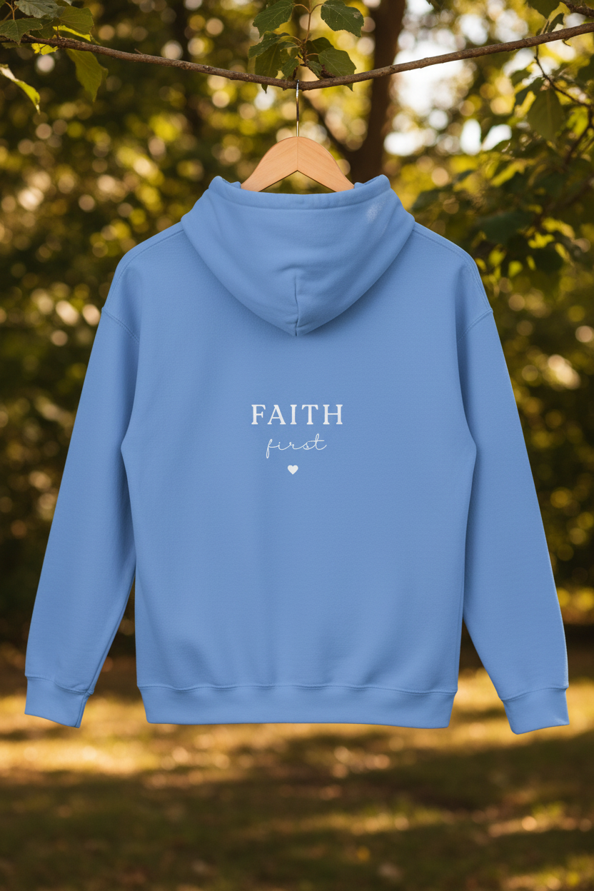 Light blue unisex hoodie sweatshirt with front hood and “FAITH first” graphic