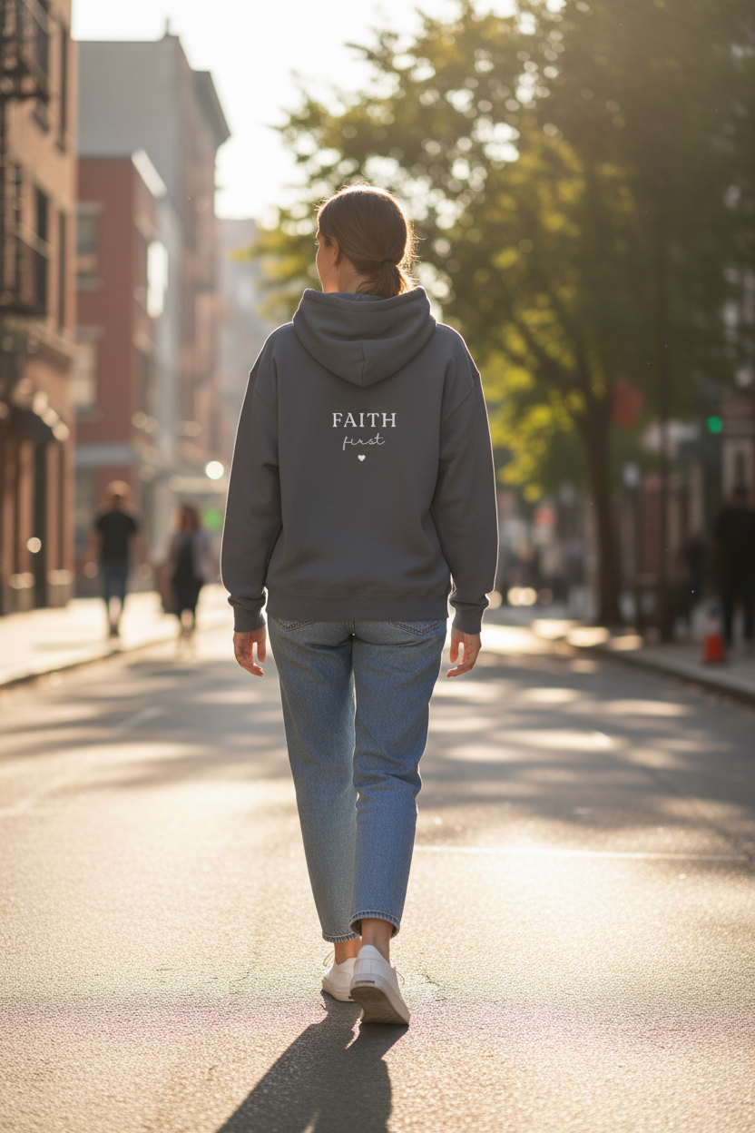 Charcoal unisex hoodie sweatshirt with back 'FAITH first' graphic