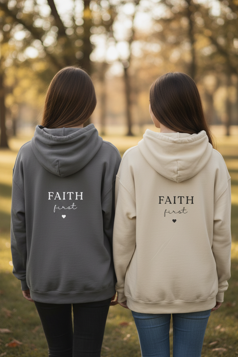 Gray and cream unisex hoodie sweatshirts, each with back 'FAITH first' text print