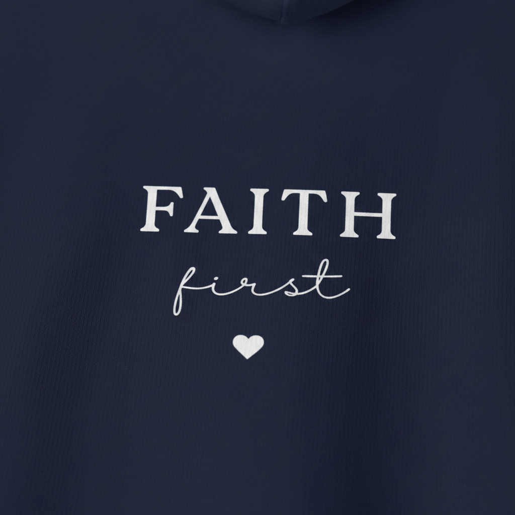 Navy hoodie fabric close-up with “FAITH first” text and heart graphic