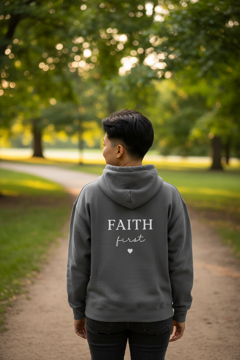 Charcoal unisex hoodie sweatshirt with hood and back 'FAITH first' text with heart