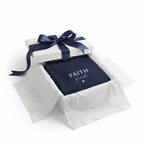 Navy unisex hoodie sweatshirt with hood, “FAITH first” graphic, and ribbon bow
