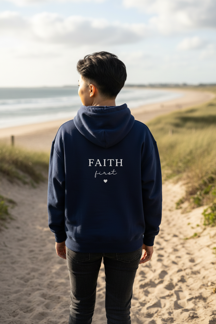 Navy unisex hoodie sweatshirt with hood and front 'FAITH first' print with heart
