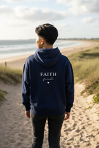 Navy unisex hoodie sweatshirt with hood and front 'FAITH first' print with heart