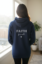 Navy blue unisex hoodie sweatshirt with hood and back 'FAITH first' print with heart