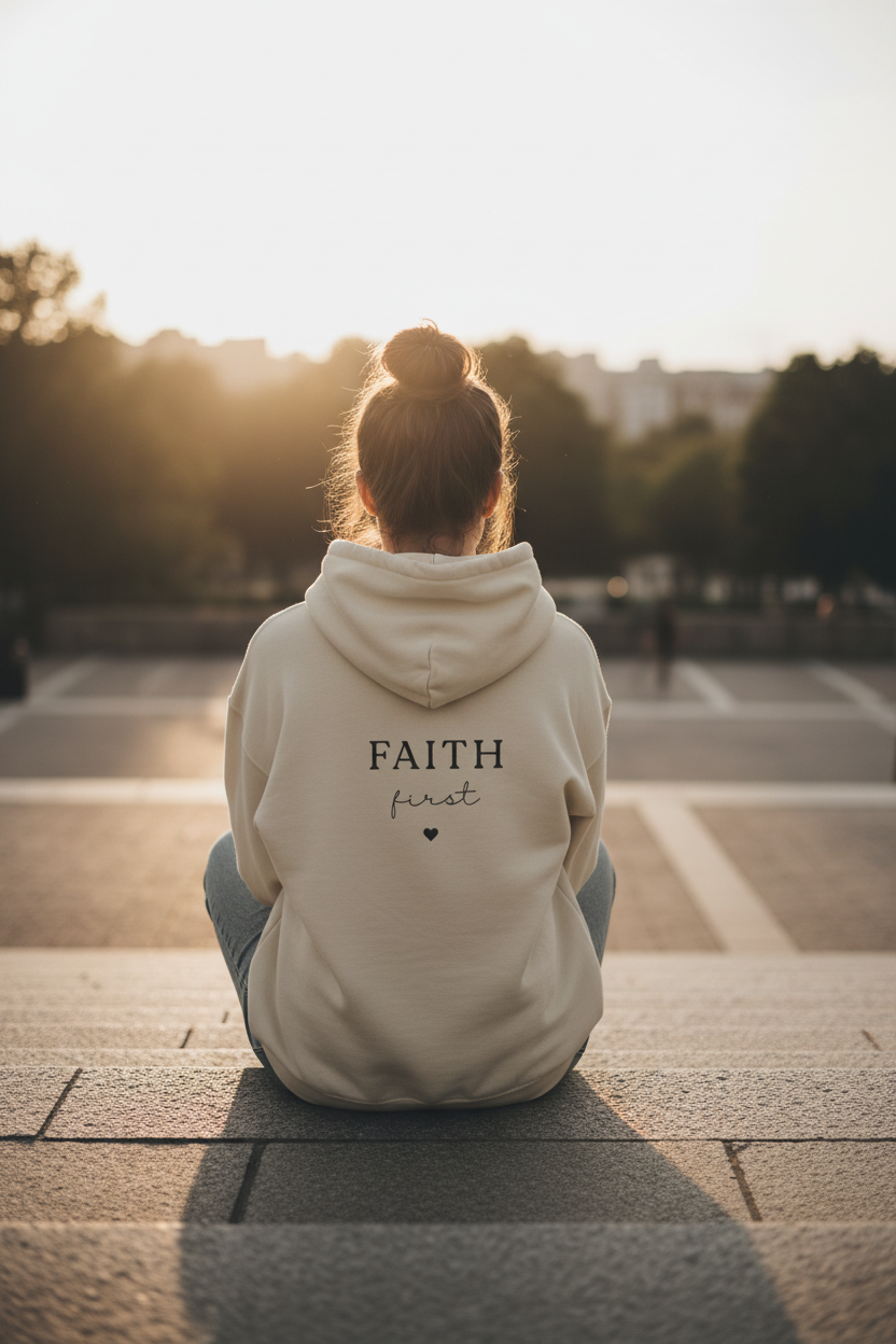 Cream unisex hoodie sweatshirt with back 'FAITH first' graphic