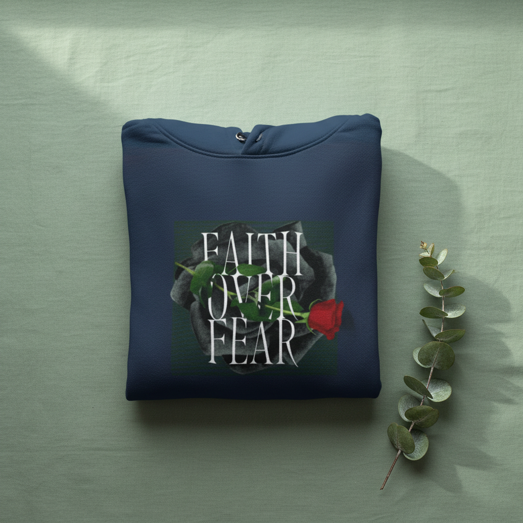Navy hoodie with front pocket, hood, and Faith over Fear graphic with red rose.