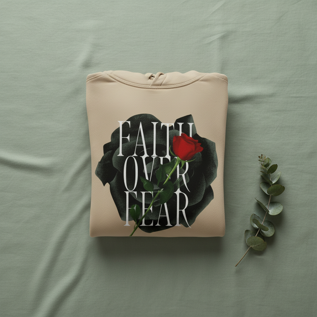 Sand hoodie with front pocket, hood, and Faith over Fear graphic with rose.