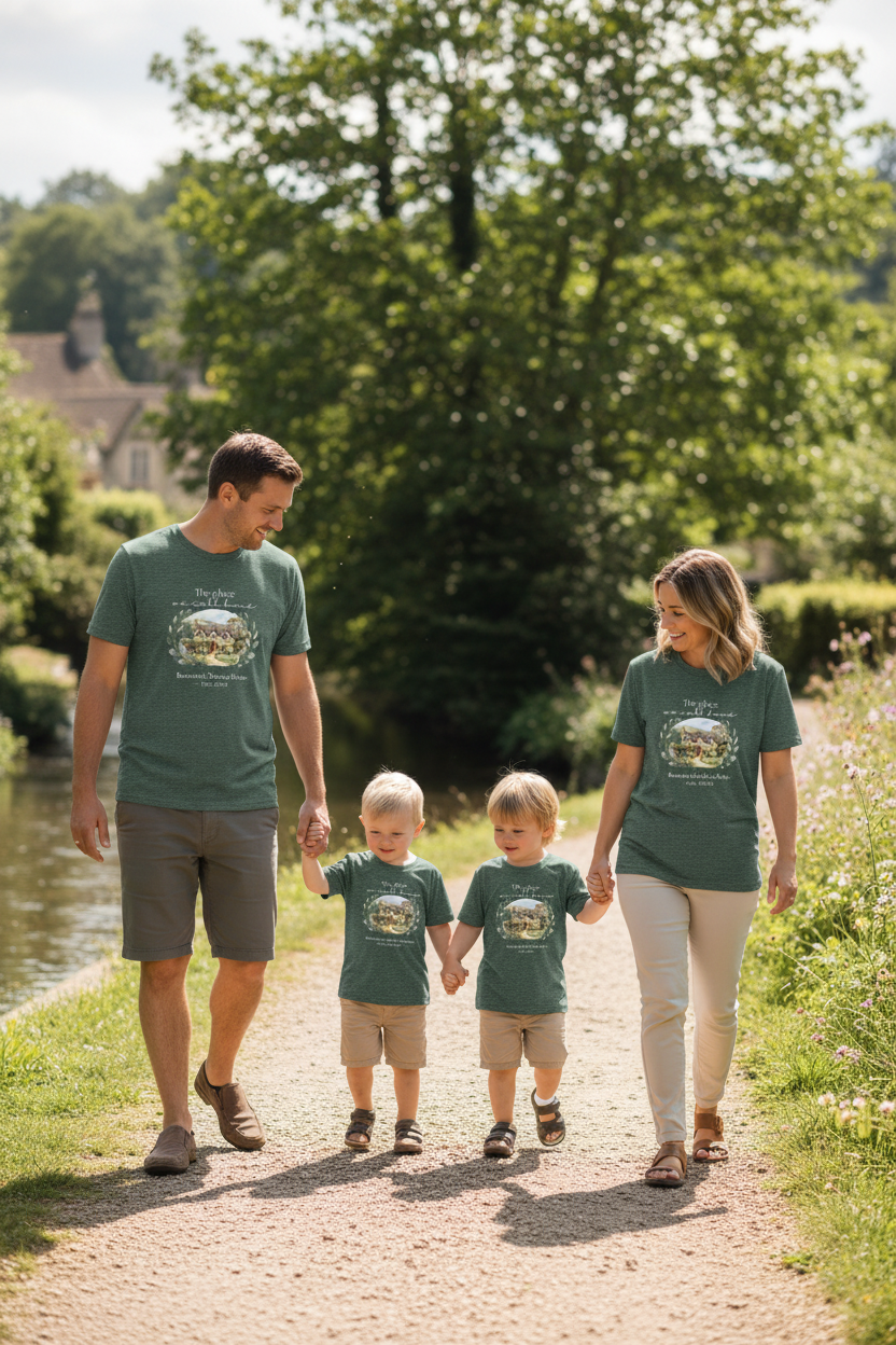 Family green tees Cotswolds riverside