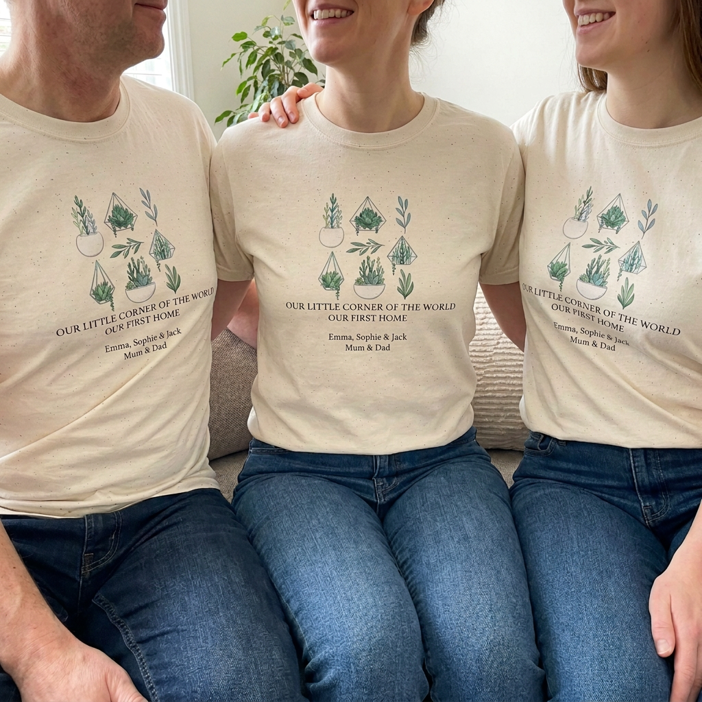 Natural botanical t-shirt with potted plant graphic and “Our little corner of the world” text