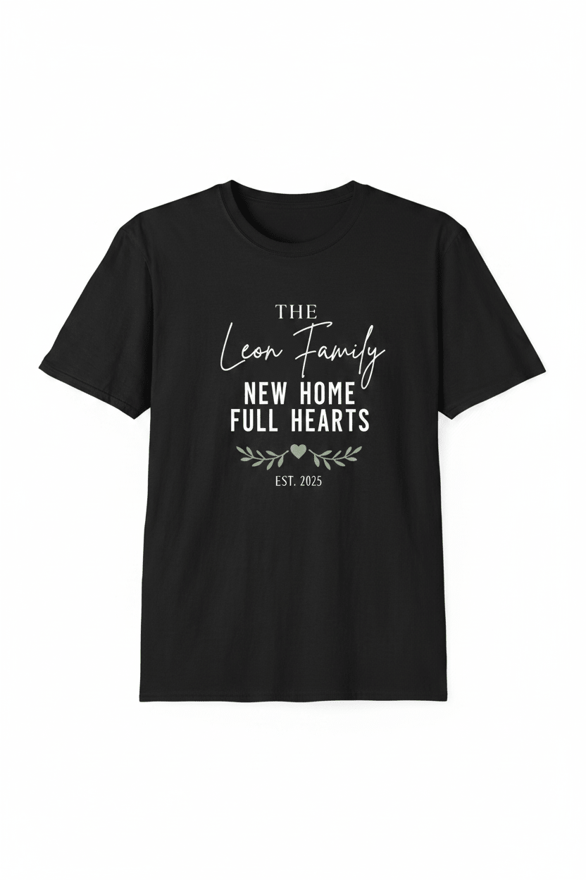Black short-sleeve t-shirt with 'The Leon Family' new home text and small heart graphic