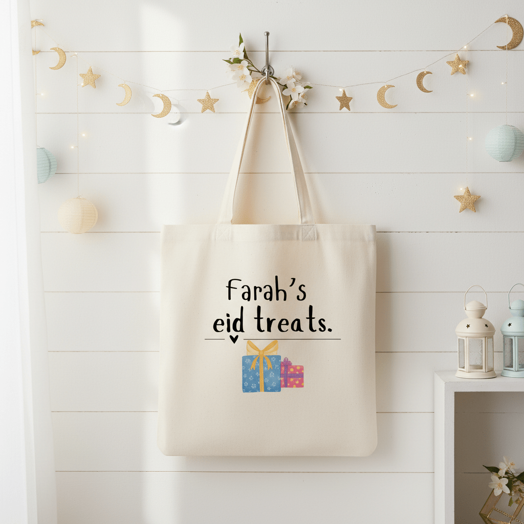Off-white cotton tote bag with 'Farah's eid treats' print and gift icon